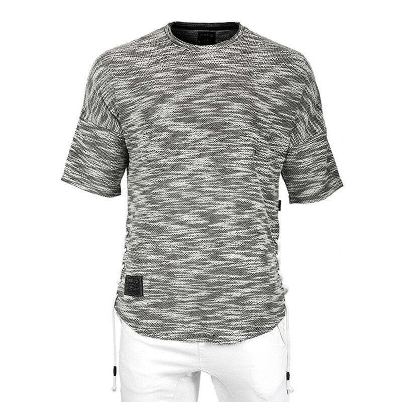 Zimego Men's Wide Shoulder Short Sleeve Laced Up Round Bottom T-Shirts Black