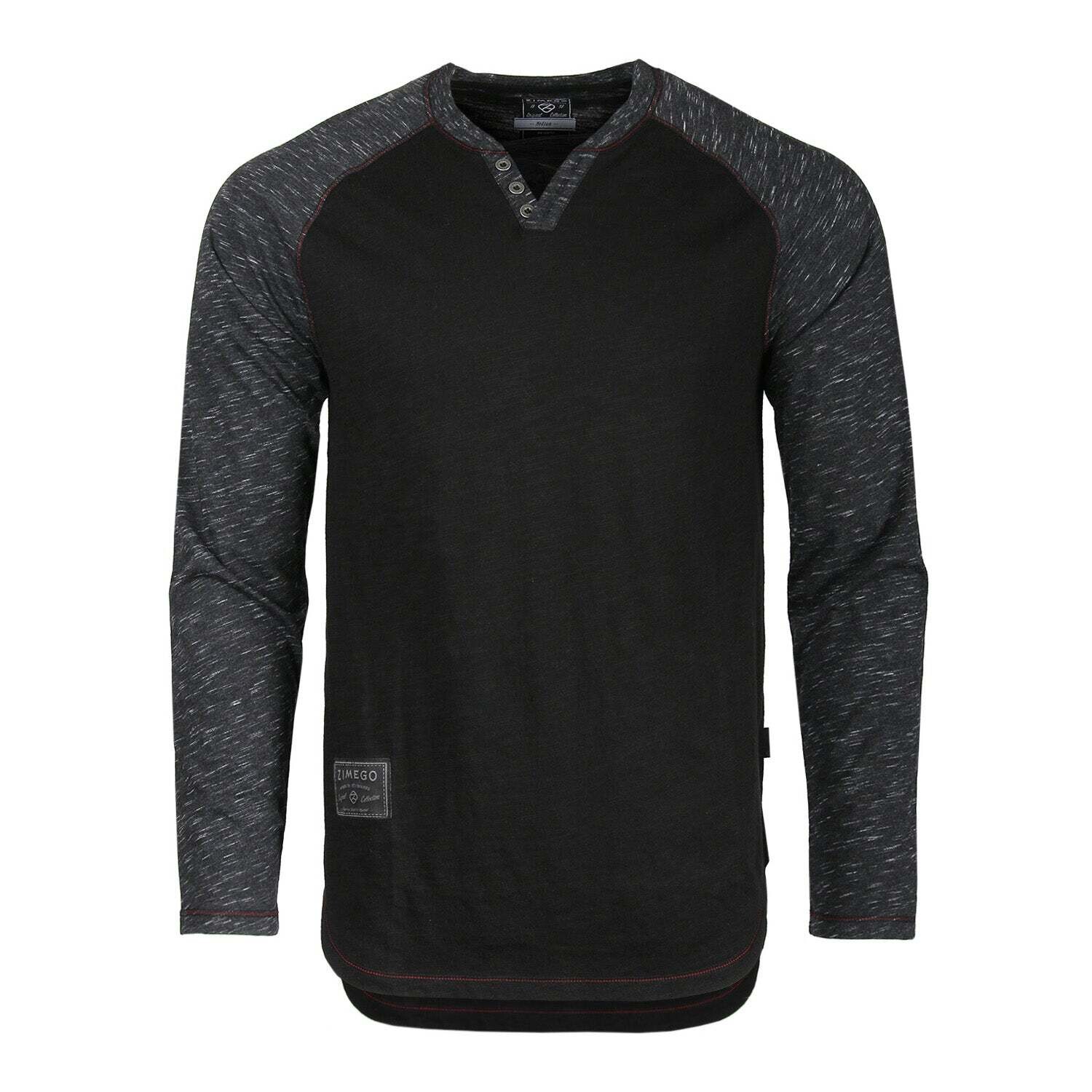 ZIMEGO Long Sleeve Contrast Raglan Henley V-Neck T-Shirts BLK-BLK