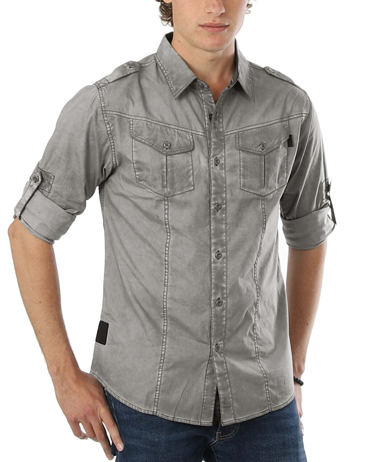 ZIMEGO Men's Stretch Roll-Up Sleeve Color Washed Vintage Rugged Fashion Button Shirts