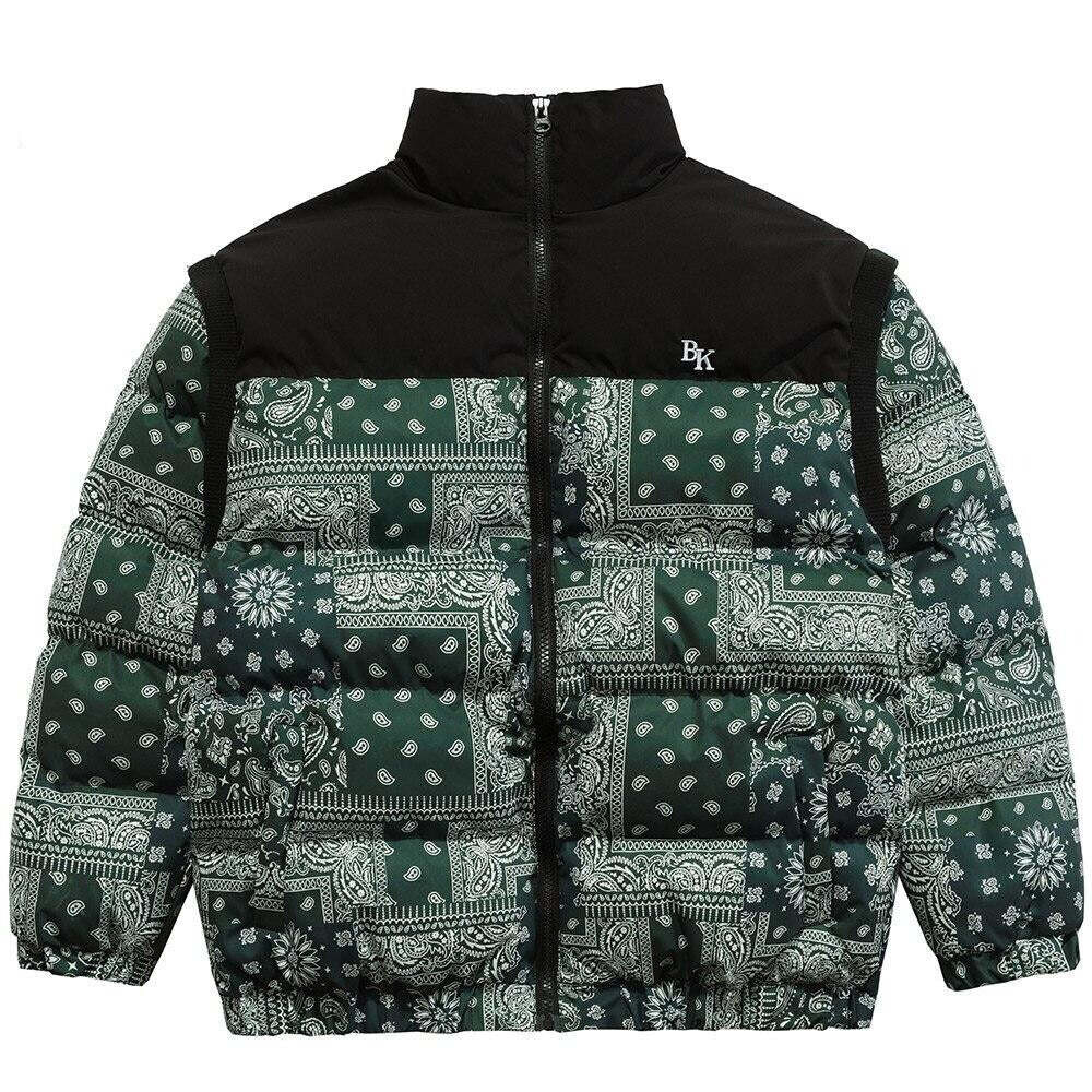 Parka Winter Jacket Men Furry Letter Paisley Printed Patchwork Hip Hop Fashion Loose Warm Cozy Sleeves Detachable Coats