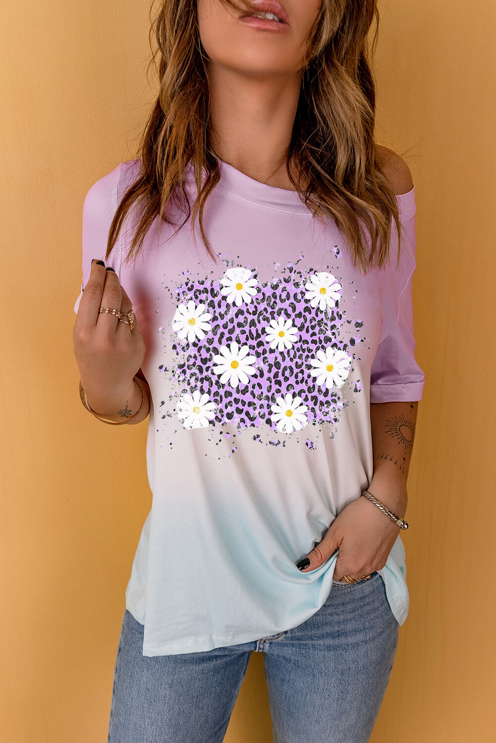Purple Leopard Daisy Gradient Color Print Graphic T Shirt
