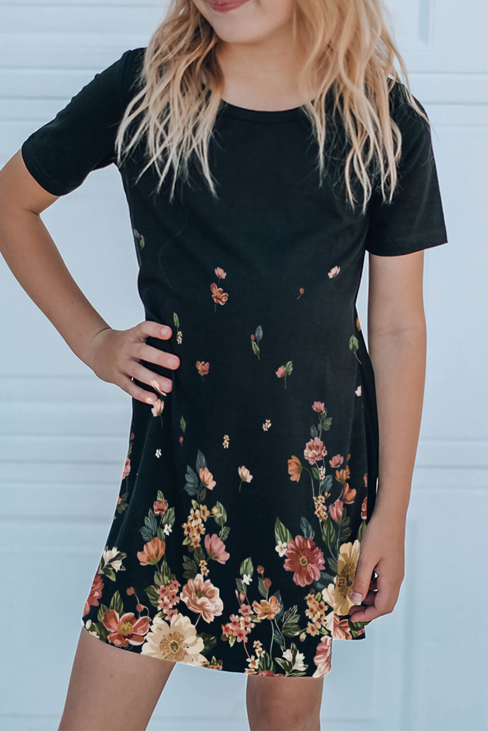 Black Family Matching Floral Print Short Sleeve Girl's Mini Dress
