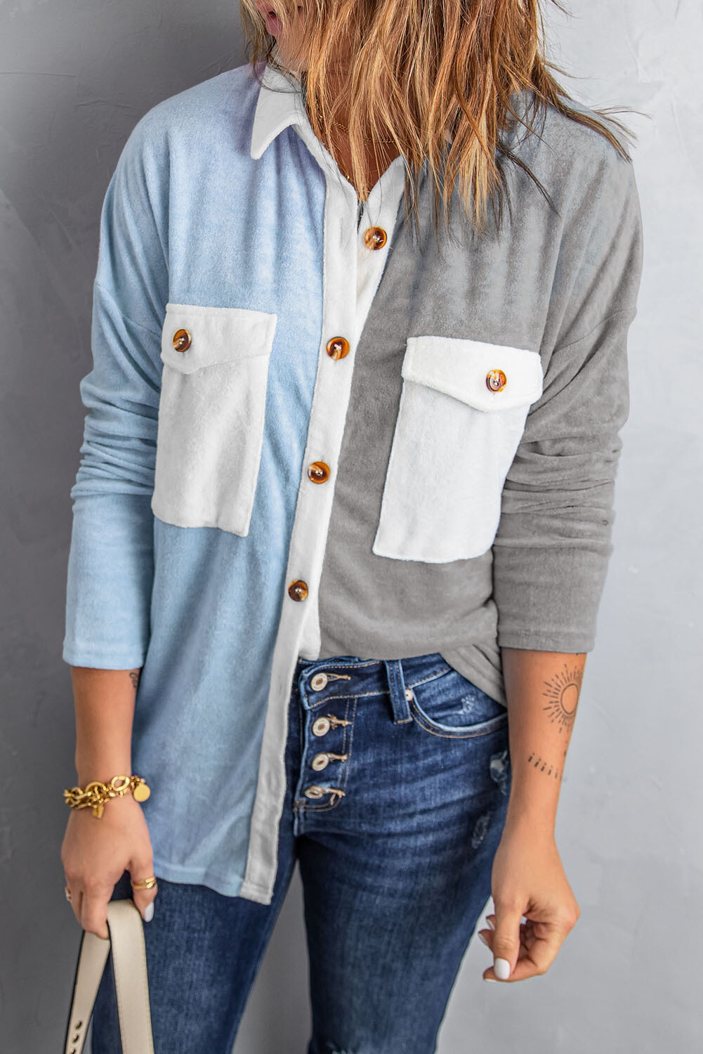 Sky Blue Colorblock Fleece Pockets Buttoned Shirt