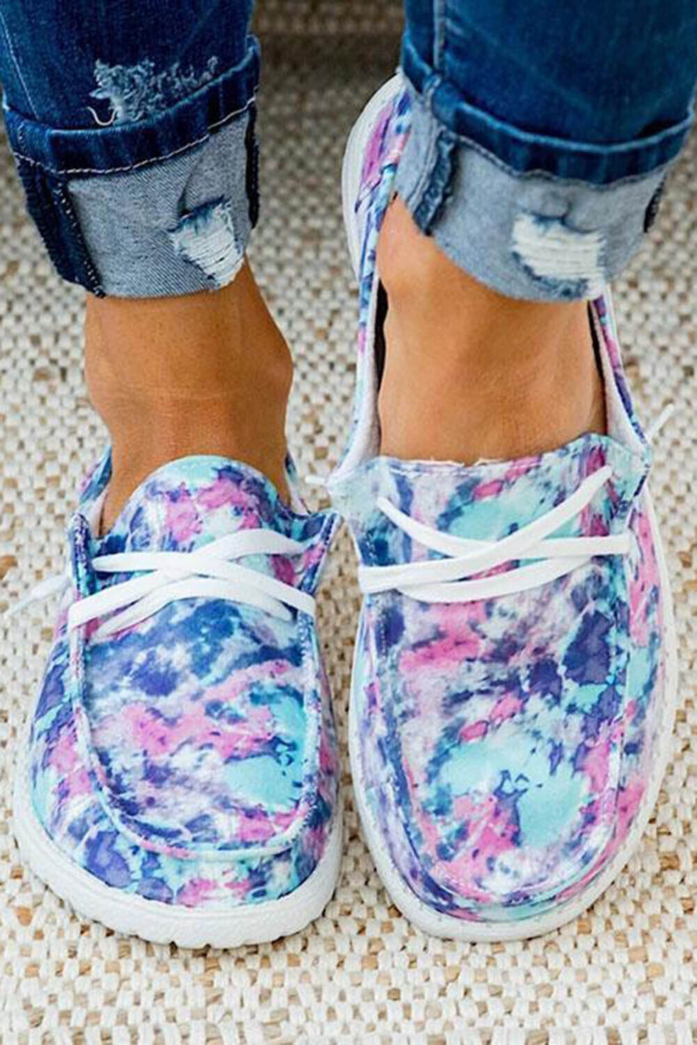Tie Dyed Slip On Lace-up Flat Shoes