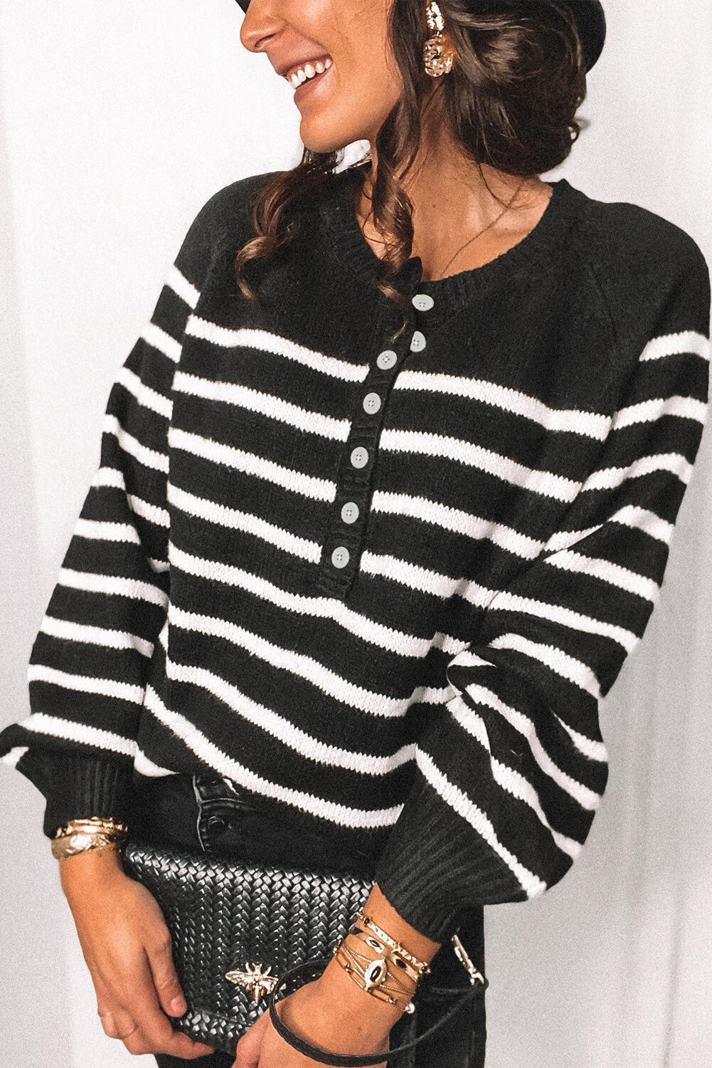 Black Striped Buttoned Knitted Sweater