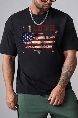 Black I LOVE USA Flag Map Graphic Print Short Sleeve Men's T-shirt