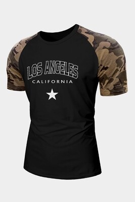Black Men's LOS ANGELES Star Camo Print Raglan Sleeve Tee