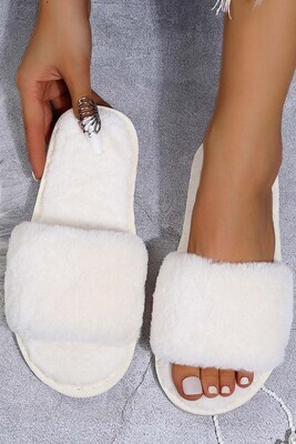 White Fluffy Wide Fit Bedroom Slippers