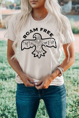 White ROAM FREE Bird Graphic Print Short Sleeve T Shirt