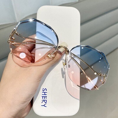 Ladies Retro Frameless Crystal Cut Edge Polygonal Glasses UV Protection Sunglasses