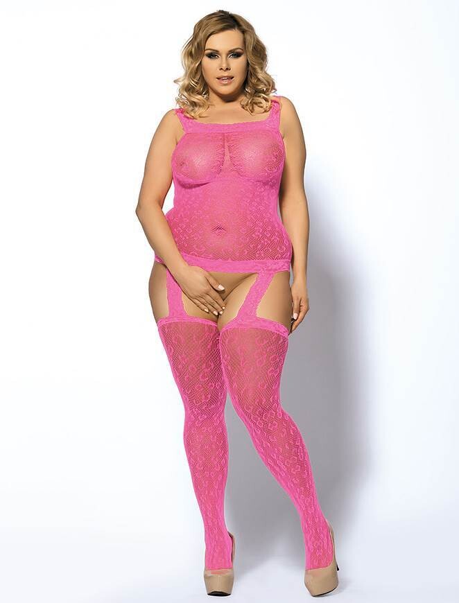 Plus Size Leopard Patterned Garter Pink Bodystocking