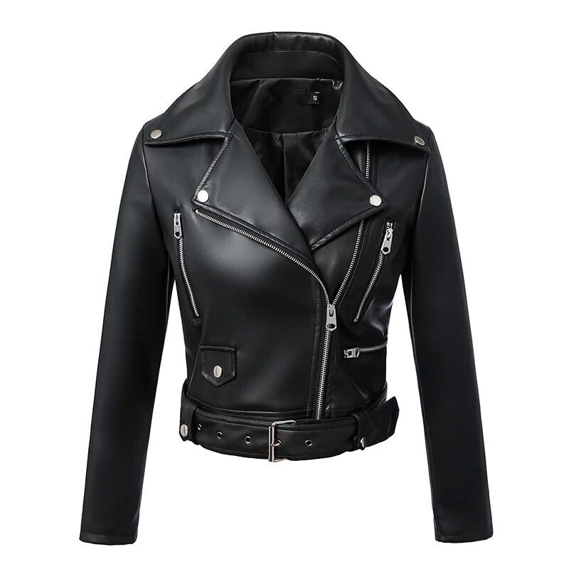 Ladies Autumn And Winter Black Faux Leather Jacket