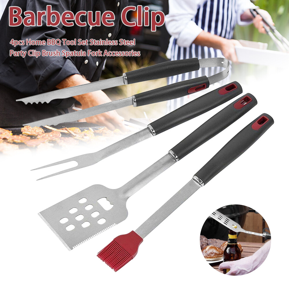 4Pcs Stainless Steel BBQ Tools Set Barbecue Grilling Utensil Spatula Fork Brush
