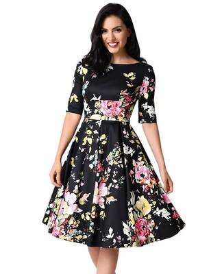 Half Sleeve Black Vintage Style Floral Swing Dress