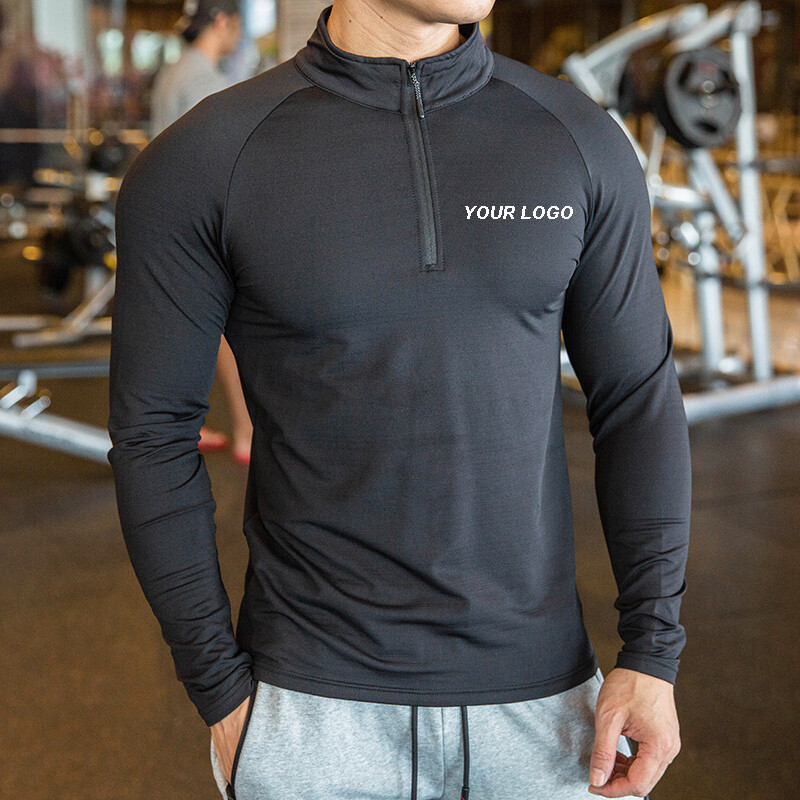 High Quality Active Wear Quater Zip Up Sweatshirts Running Men's T-shirts Workout Sportswear Long Sleeve Tight Gym T Shirt