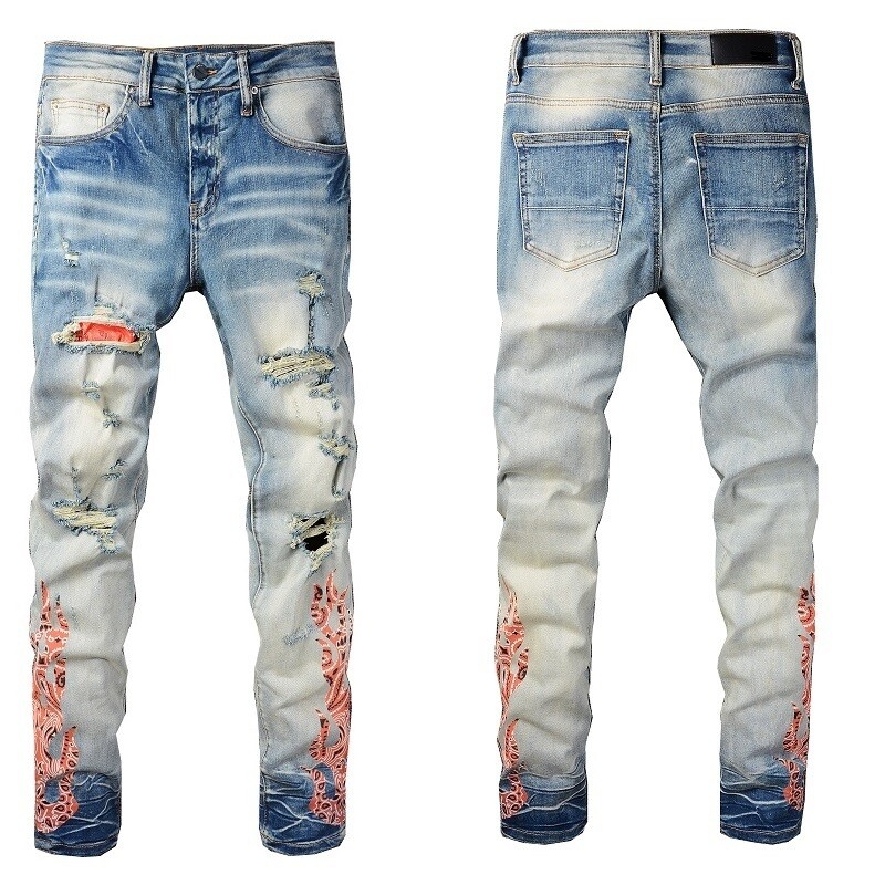 AliExpress hot sale ripped men distressed denim jeans print high street hip hot men jeans