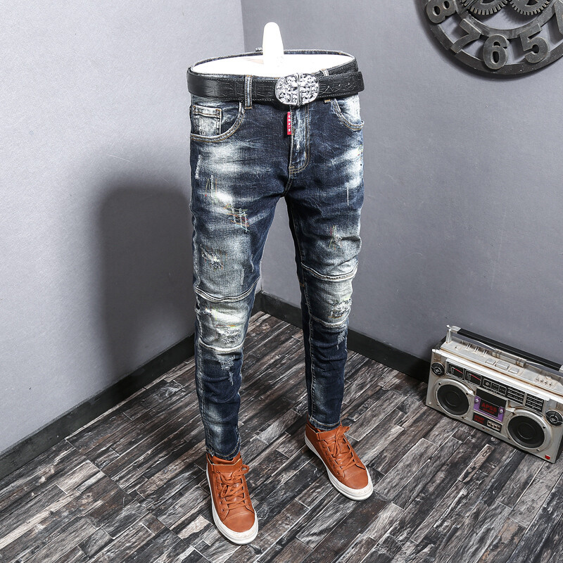 High quality denim fashion men jeans skinny fit distressed two tone split joint man's jeans pants