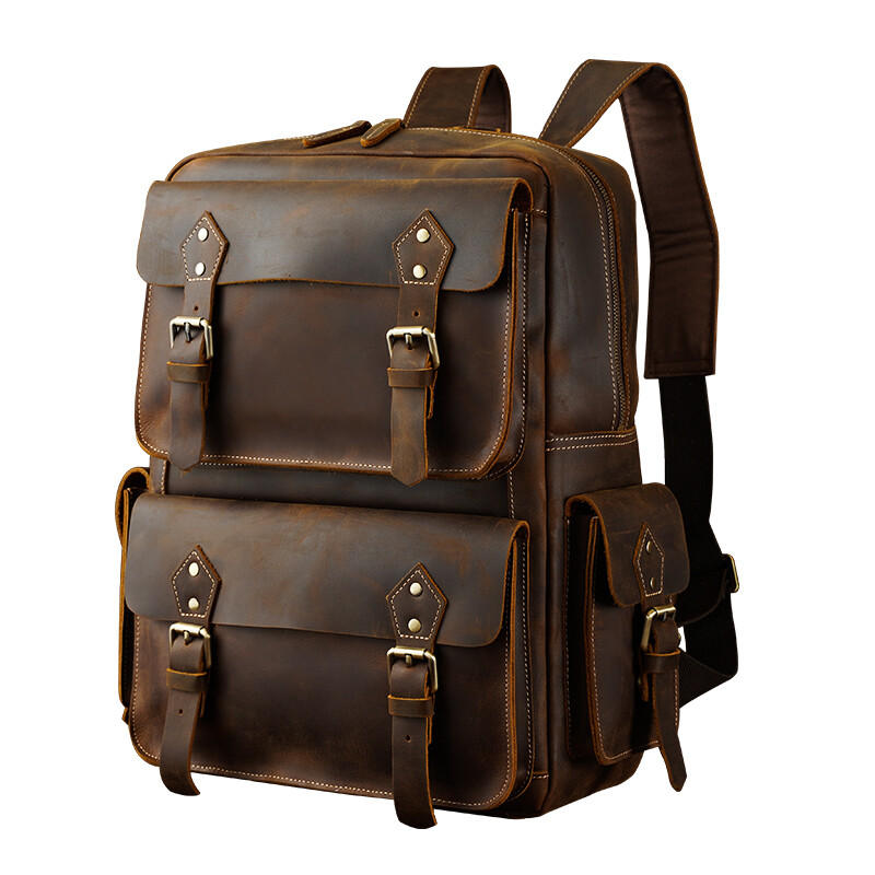 2022 New Arrival Drop Shipping Stock Men's Vintage Real Crazy Horse Genuine Leather Backpack Laptop Bag Backpack For Men