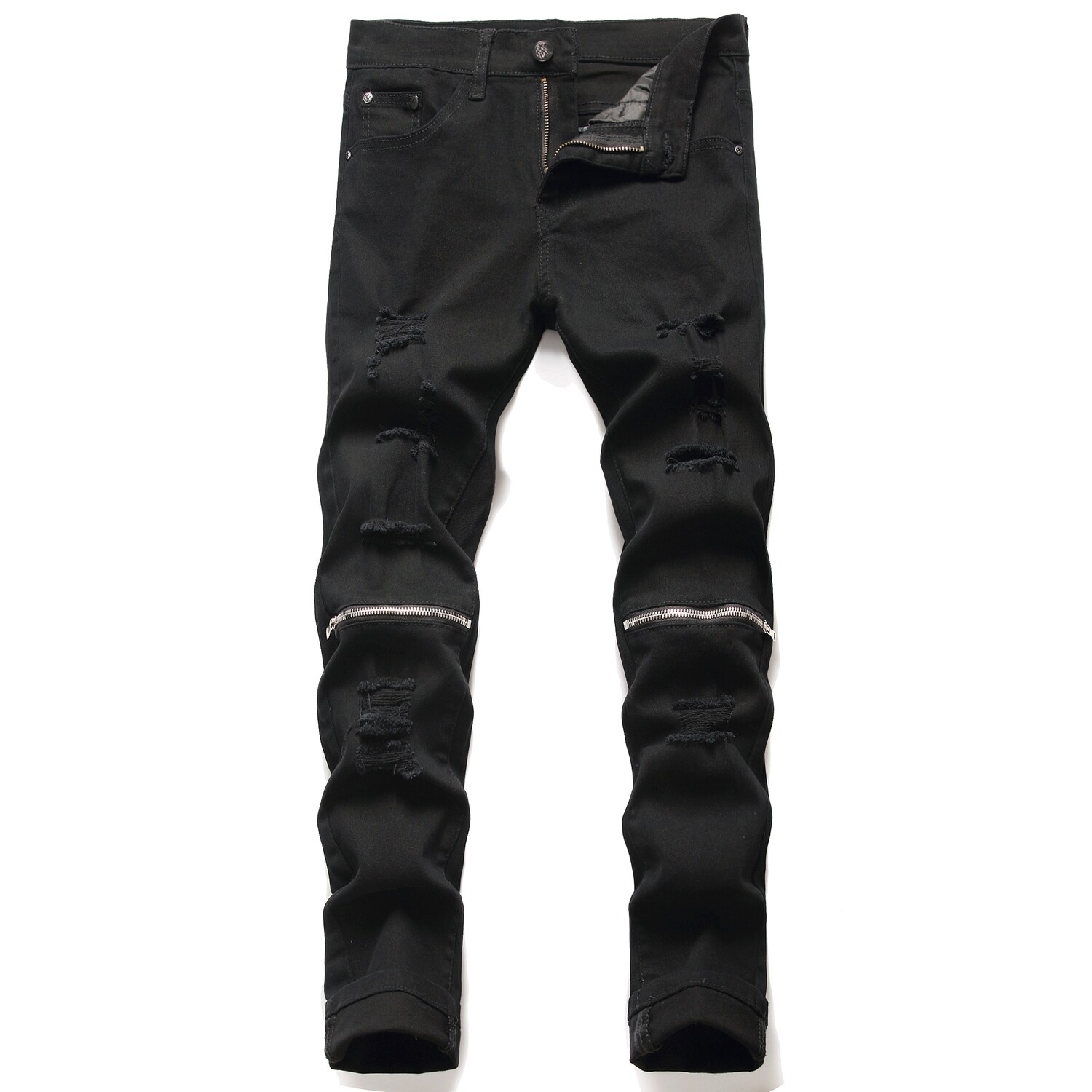 2022 Male Jeans Black Pants With Knee Zipper Hole Biker Jeans Men Brand Slim Straight Destroyed Torn Jean Pants For Male Homme