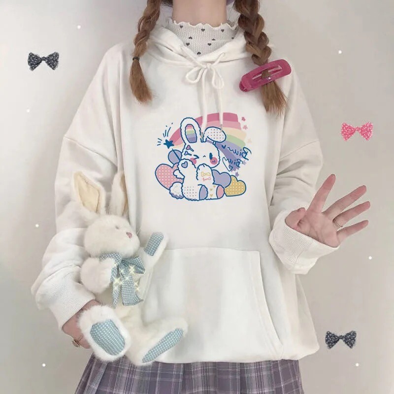 Anime Hoodie Women Kawaii Cute Rabbit Print Pullovers Aesthetic Soft Girl Long Sleeve Oversize Sweet Sweatshirts Fashion