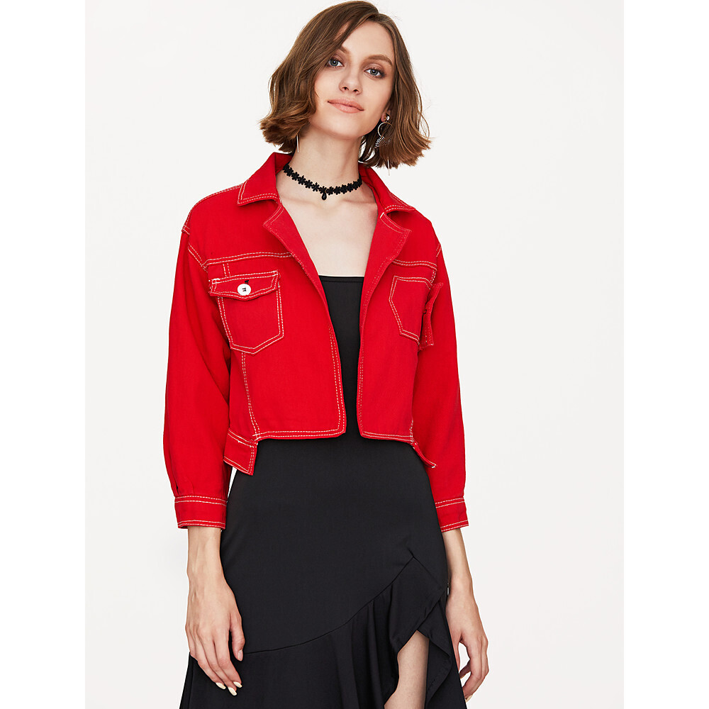 Women's Daily Vintage Spring Short Denim Jacket, Solid Colored Shirt Collar Long Sleeve Polyester Red M / L / XL