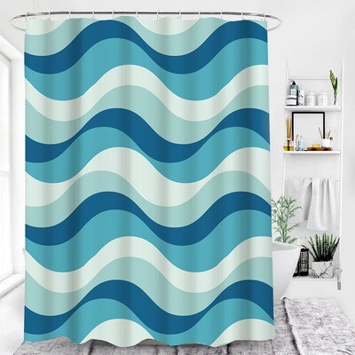 Blue Series Waves Shower Curtain Cartoon Line Pattern with Hook Bath Curtain