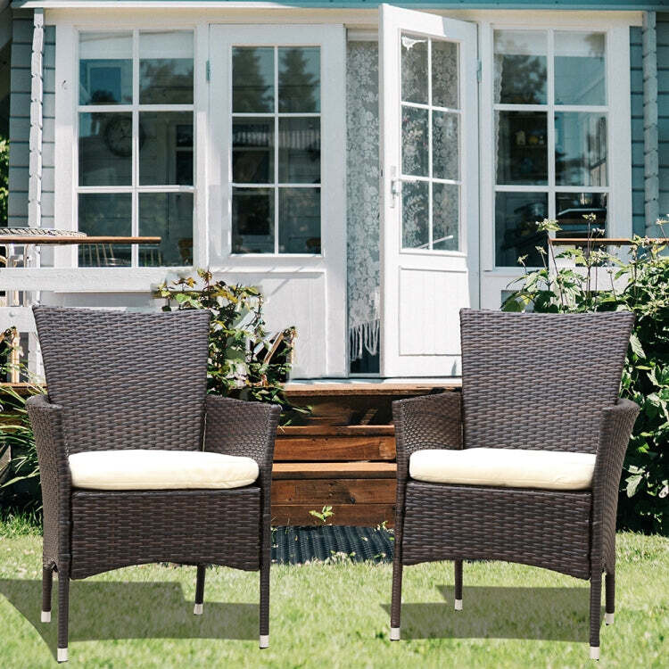 2 PCS Patio Steel Frame PE Wicker Chair with Armrests & Removable