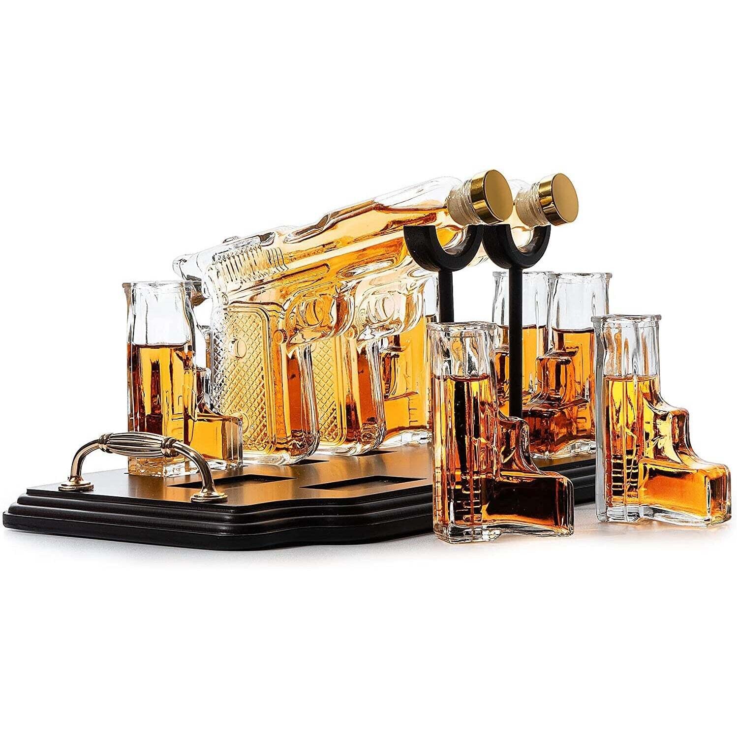 Pistol 2 Whiskey Decanters 300ml with 6 3oz Pistol Shot Glasses and Tray with Handles Veteran Gifts, Military Gifts, Home Bar Gifts, Law Enforcement Gifts, Drinking Accessories