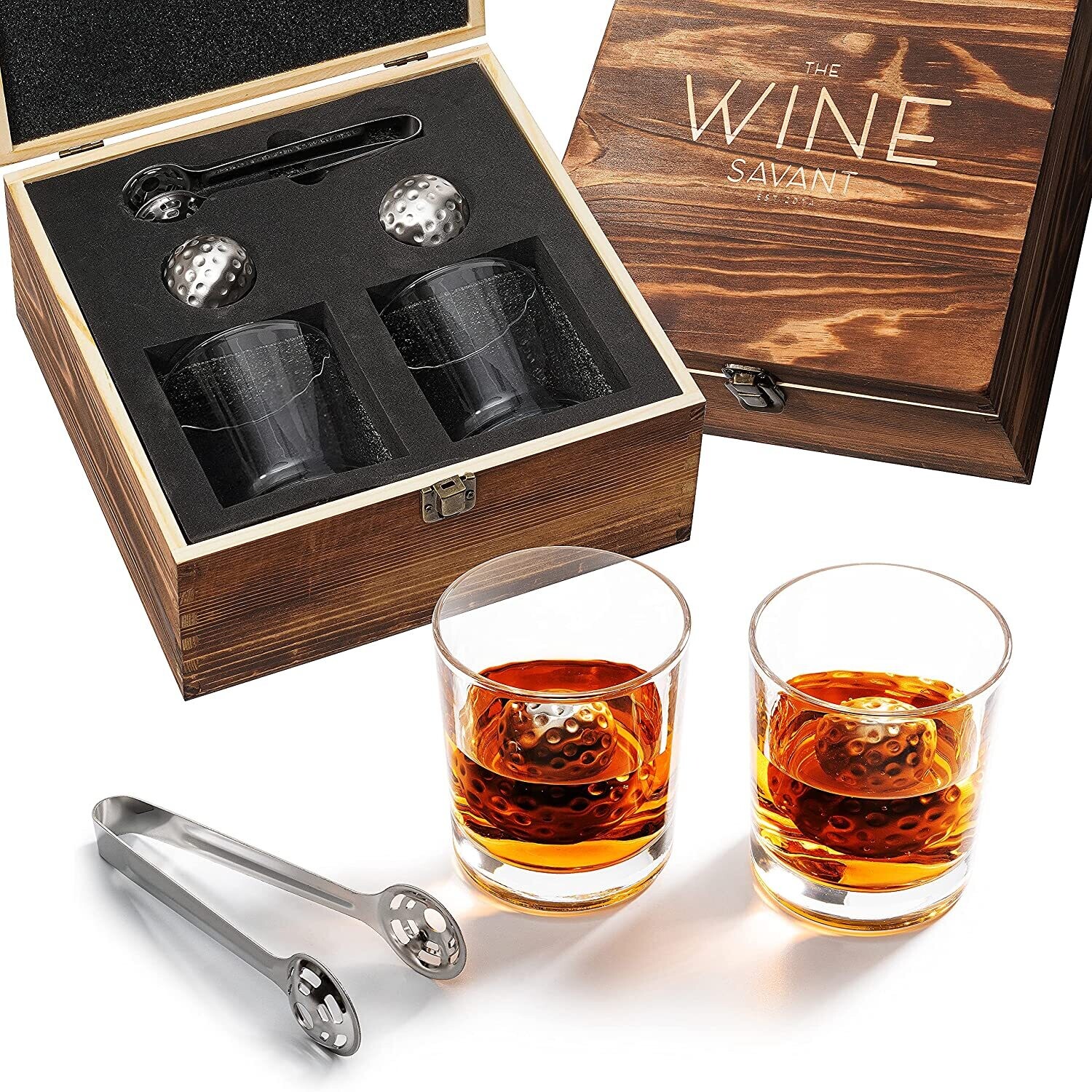 Luxurious Bar Gift Set - Golf Whiskey Glasses - Golf Ball Chillers - Tongs - Set in Premium Wood Box for Golf Lovers