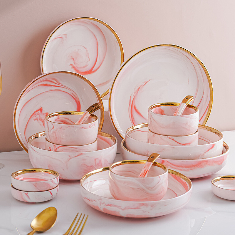 drop shipping Nordic marble pattern ceramic personality bowl plate combination light luxury pink Phnom Penh tableware set