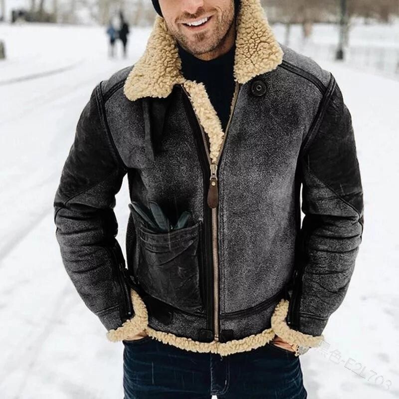 European and American new product faux leather winter warm fur one jacket thickened lapel contrast color men's jacket