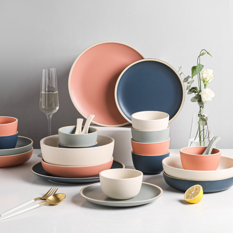 Simple luxury morandi dinnerware set matte stoneware tableware household bowl and plate ceramic combination for gift