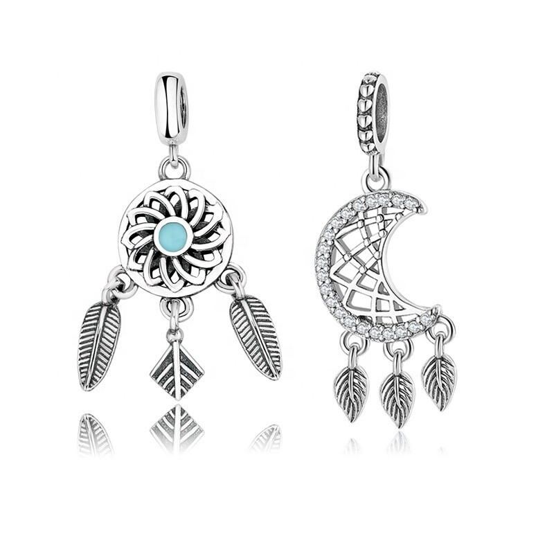 Real 925 sterling silver Moon dream catcher pendants Beads Fit Charm Bracelet jewelry making Wholesale Gift Party Daily