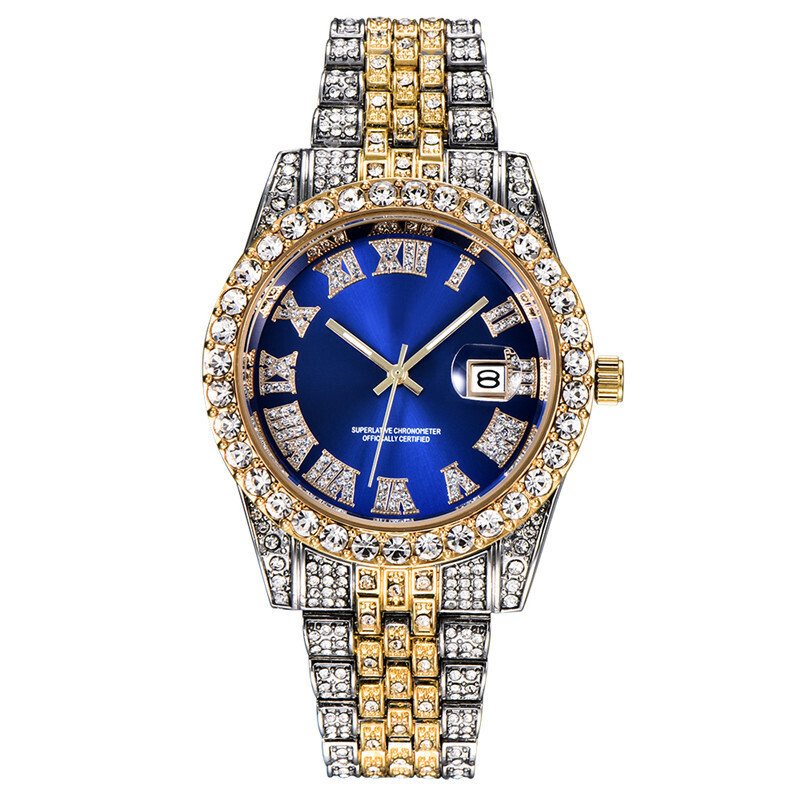 Hip Hop Gold Silver Color Quartz Watch Diamond Cubic Zirconia Watches Fashion Stainless Steel For Gift