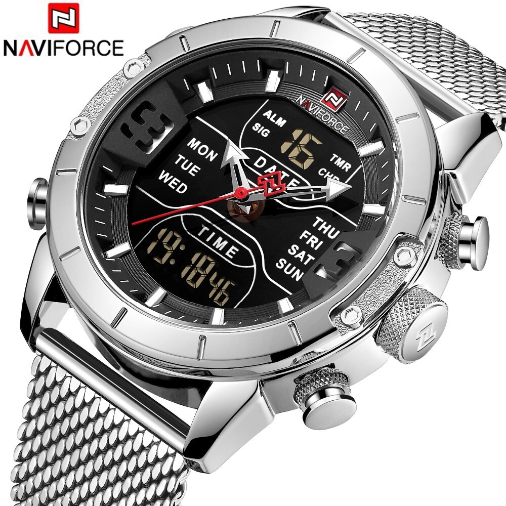 NAVIFORCE 9153 Men Dual Display Quartz Digital Watches Stainless Steel Japan Quartz Business Week Time Wristwatch