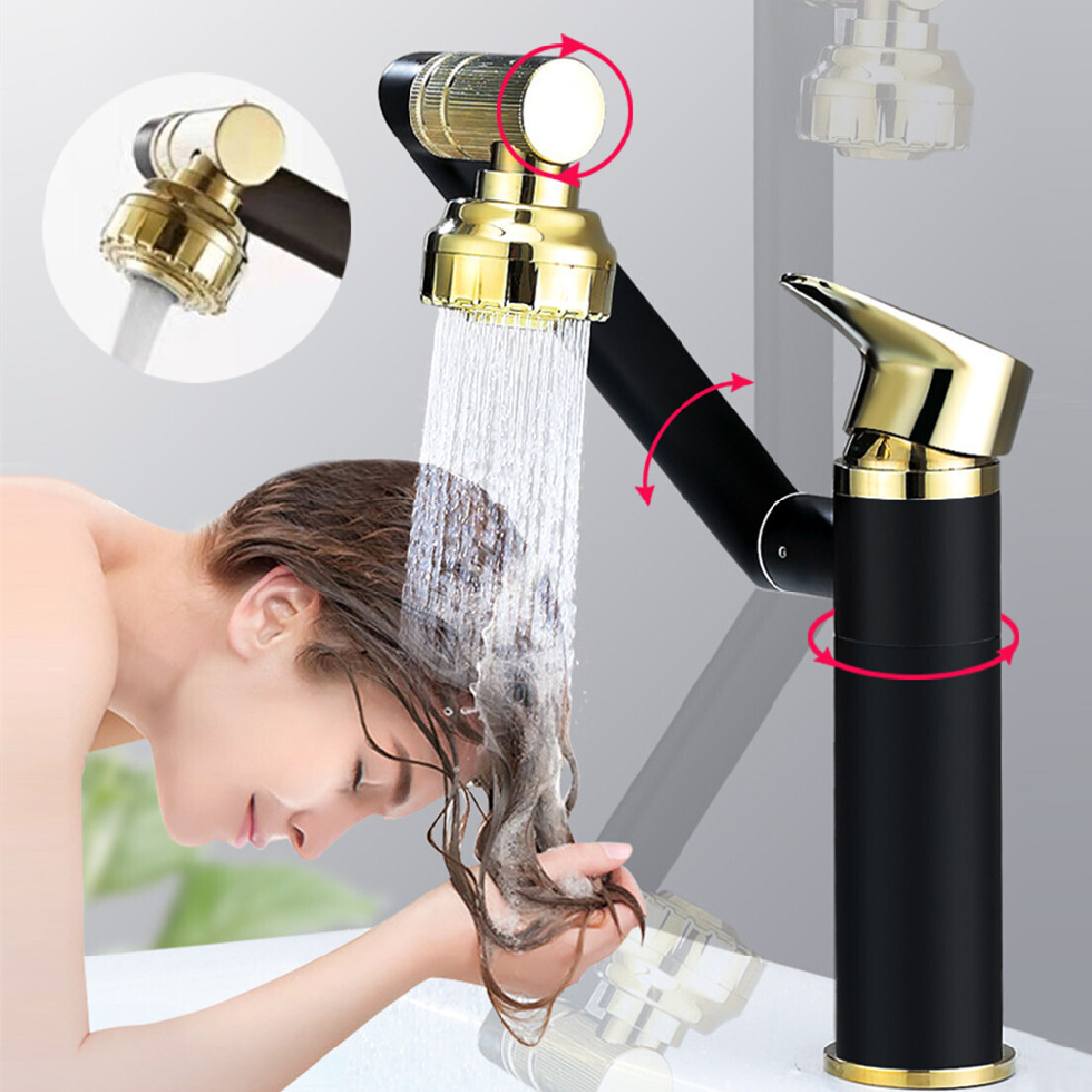 Swivel Sink Faucet Mixer Deck Mount Splash Proof Faucet Shower Head