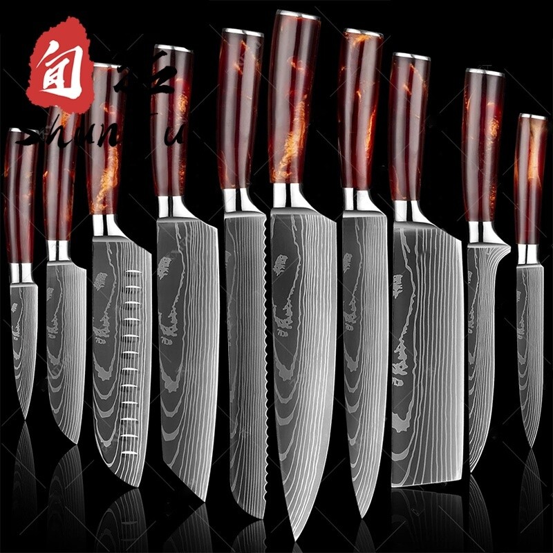 custom 10 pcs sharp wooden german stainless steel japanese 67 layer damascus steak santok chef modern knives kitchen knife set