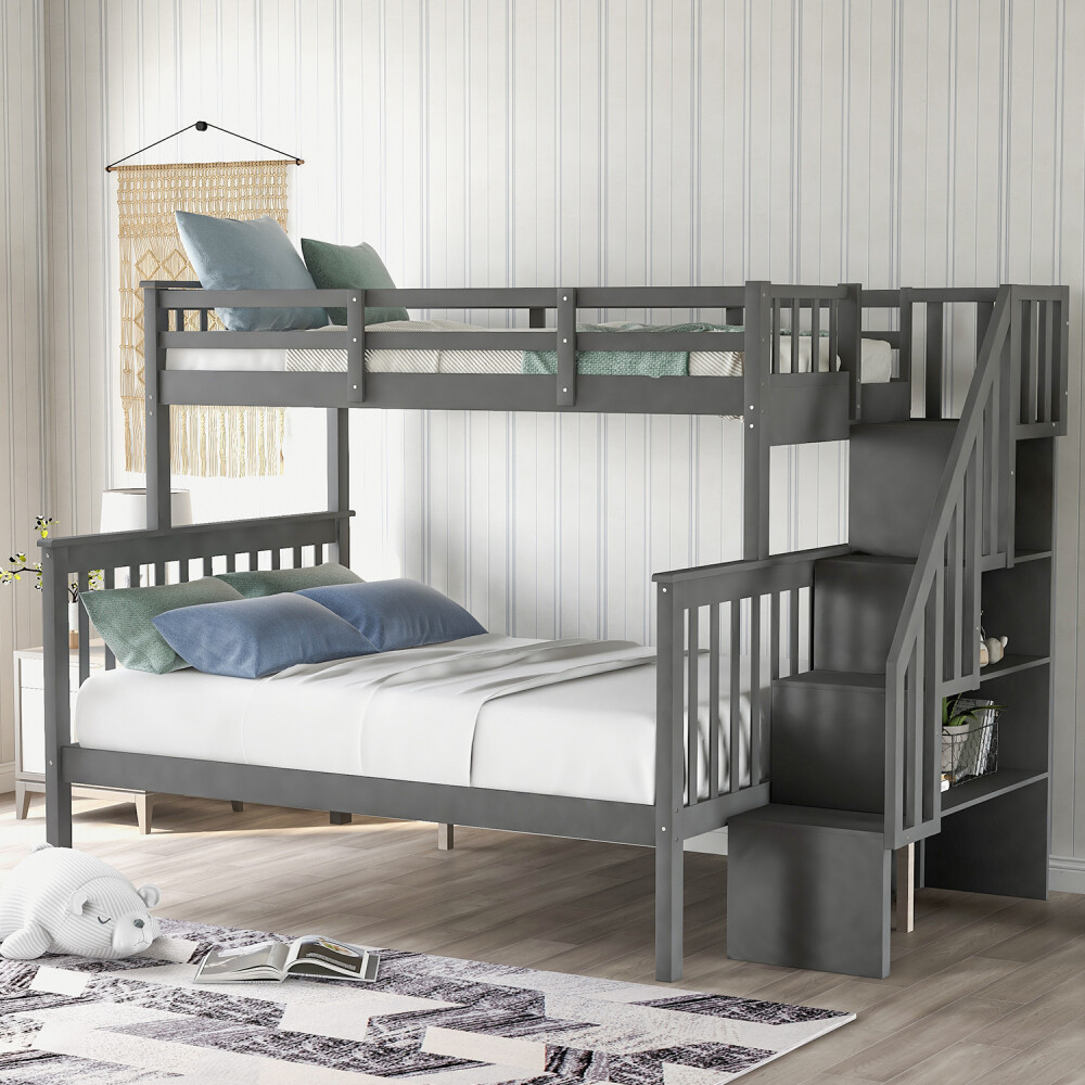 Stairway Twin-Over-Full Bunk Bed with Storage and Guard Rail for Bedroom, Gray color(OLD SKU :LP000019AAE)