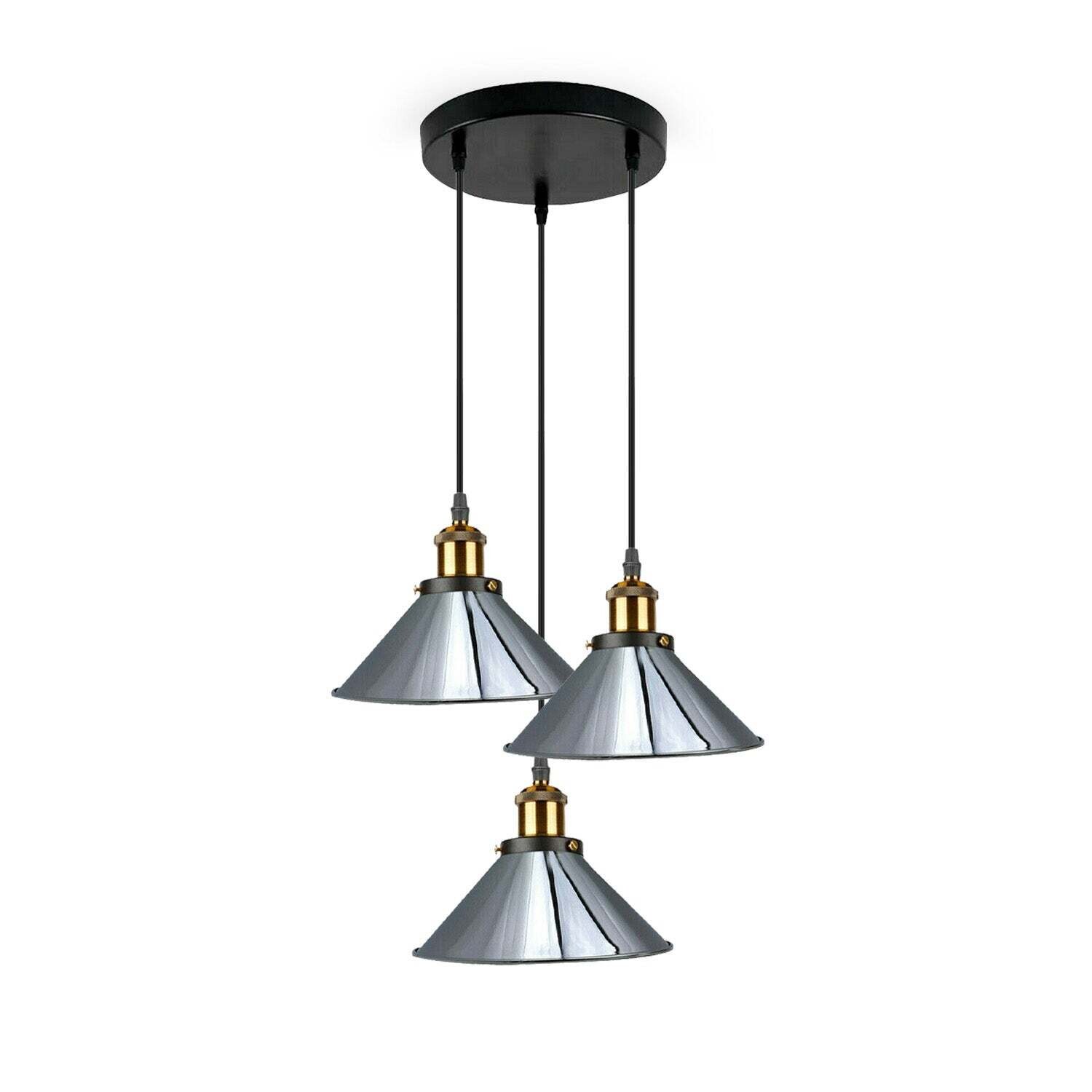 Industrial Cone 3-Light Chandelier Hanging Pendant Light Chrome~1420