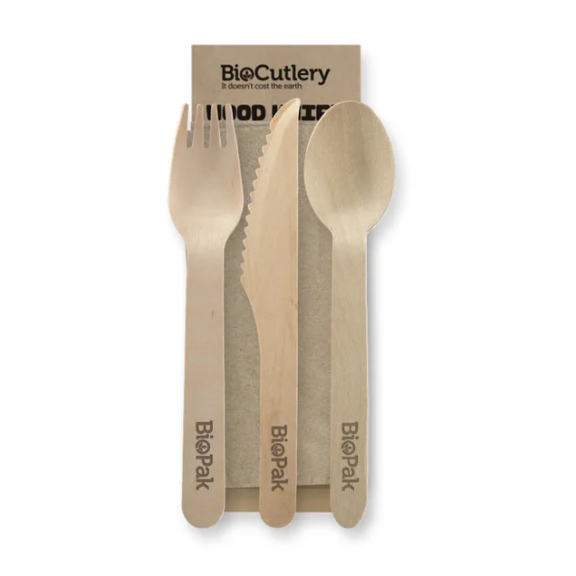 Wood Knife, Fork, Spoon & Napkin Set
