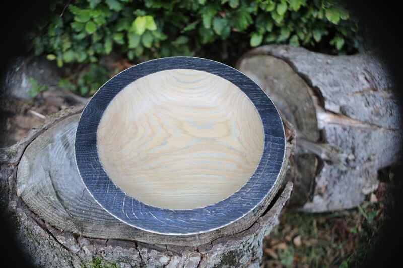 Ebonised Oak Wood Turned Bowl with Blue Grain Pop Detail.