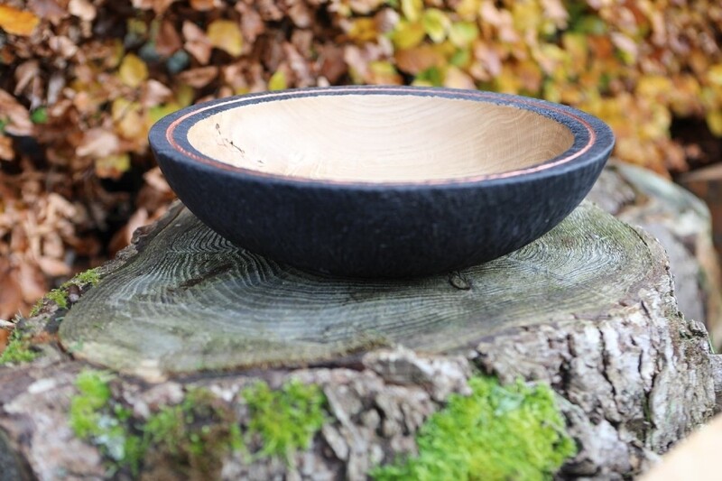 Large Ebonised Black Oak Wooden Bowl.