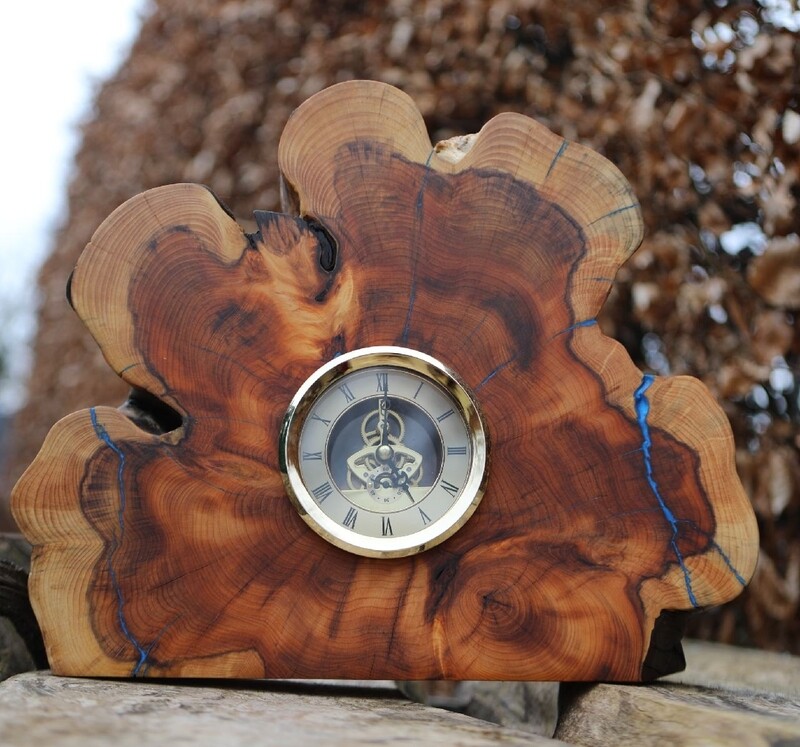 Yew Burl Clock with Gold Skeleton Clock