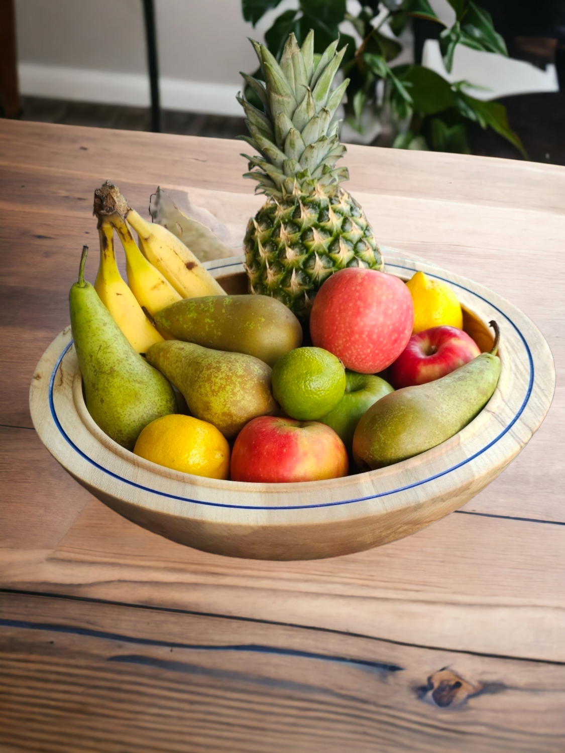 Wooden Sycamore Bowl with Blue Rim Design