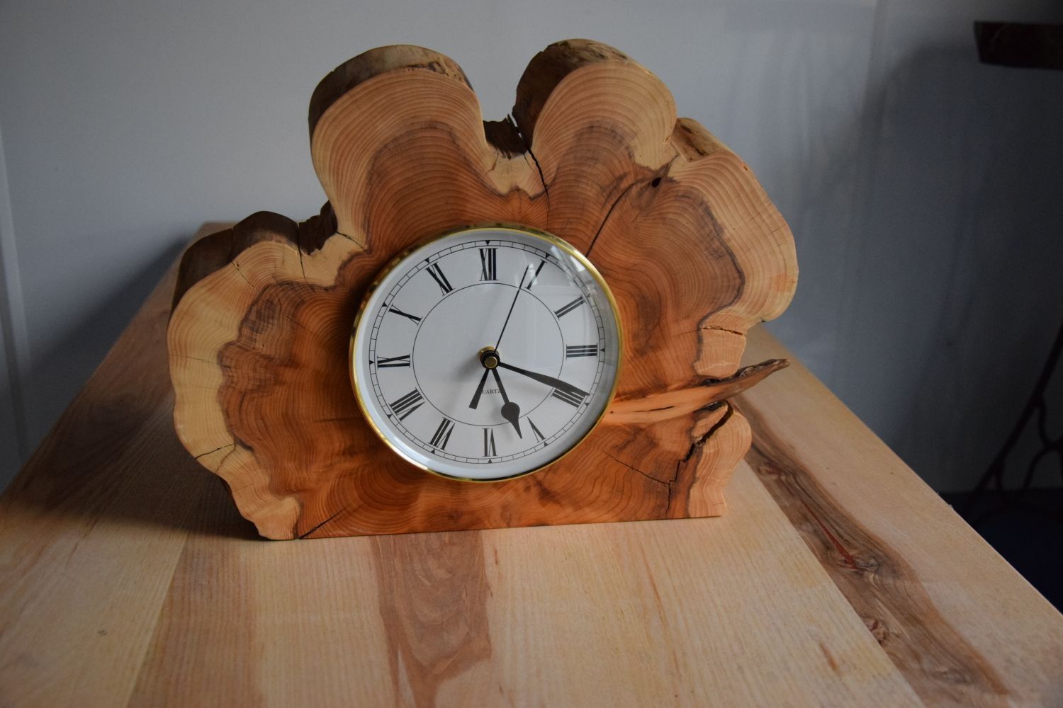 Yew Burl Clock with Gold Skeleton Clock