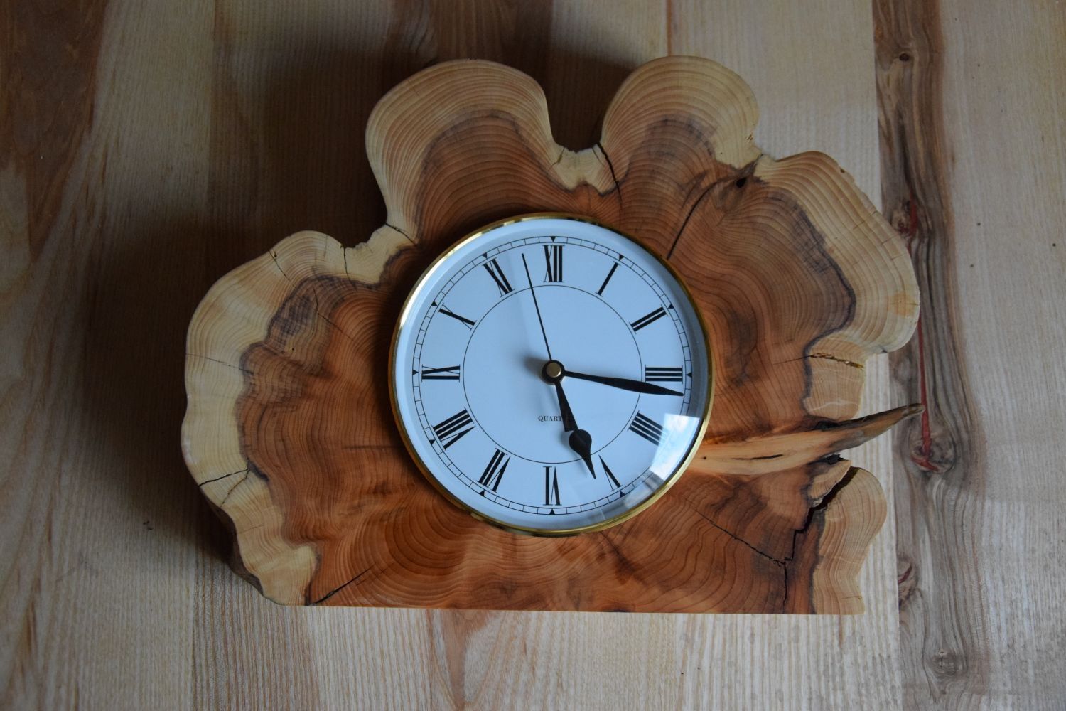 Yew Burl Clock with Gold Skeleton Clock
