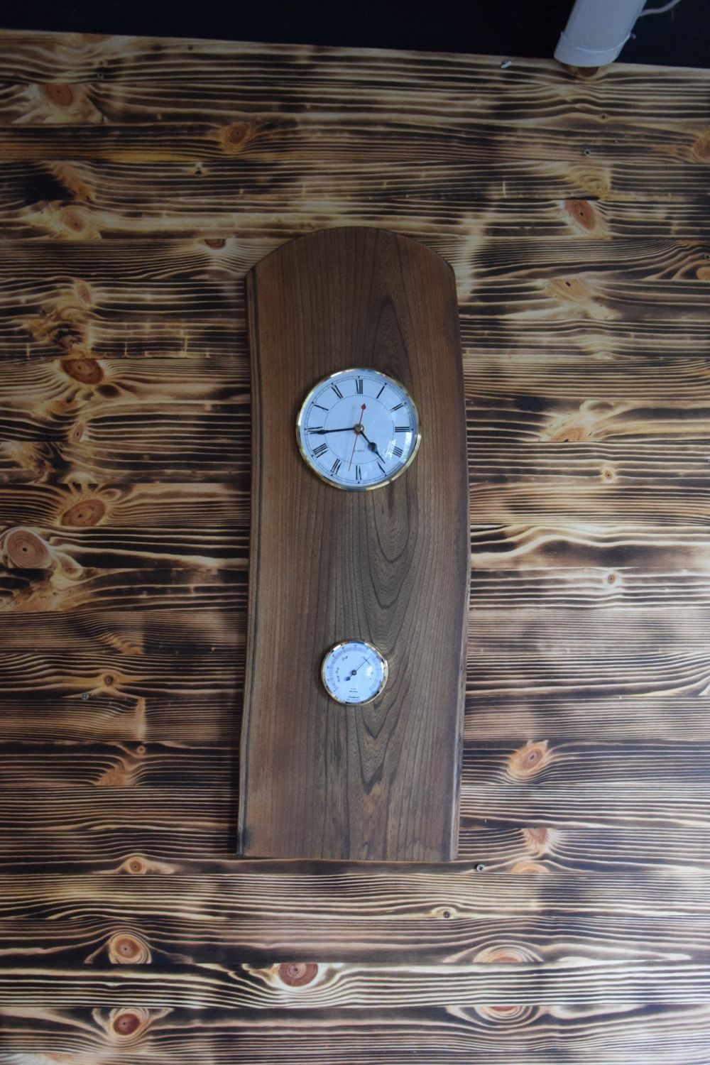 Handmade Live Edge Ebonised Elm Barometer and Clock