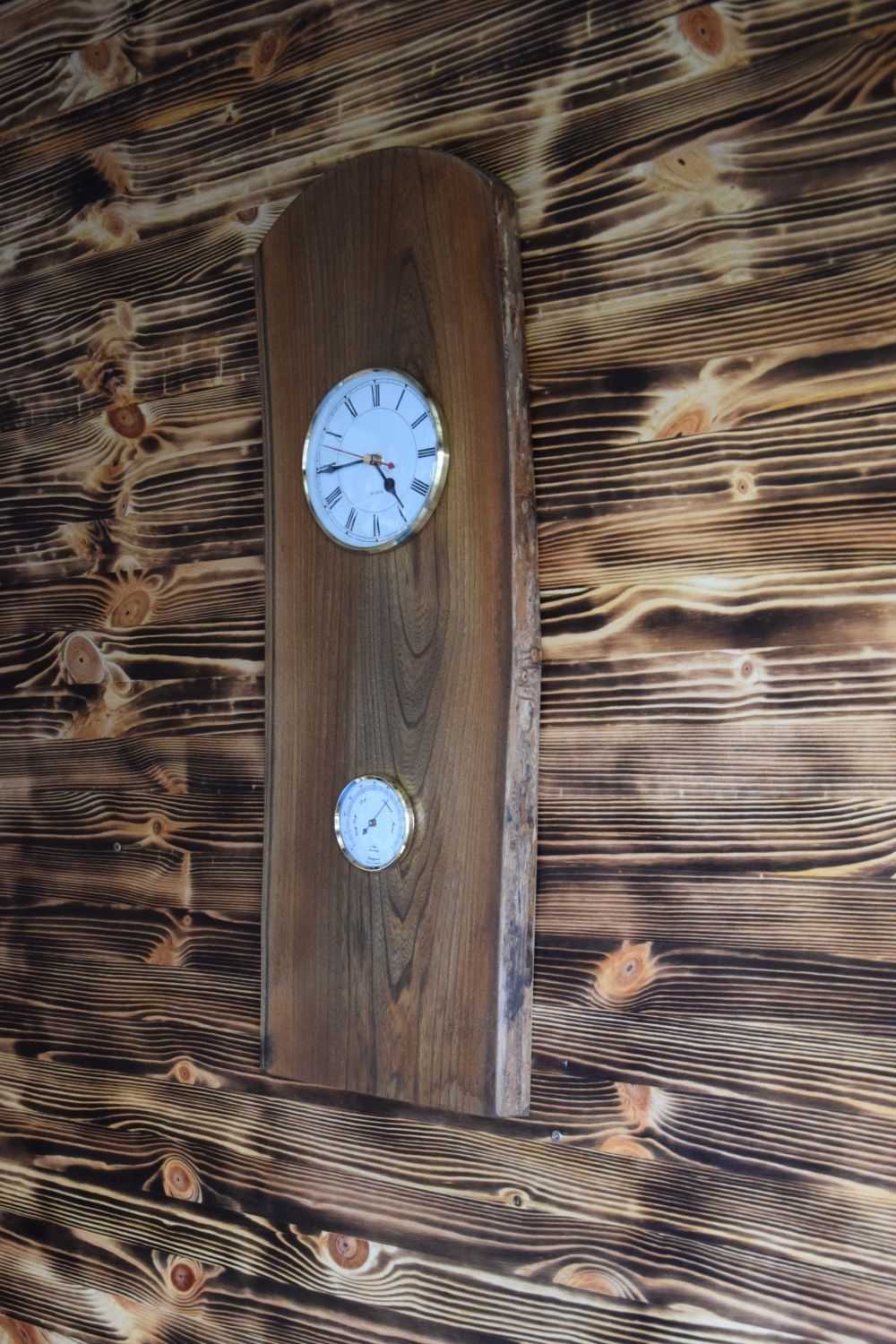 Handmade Live Edge Ebonised Elm Barometer and Clock