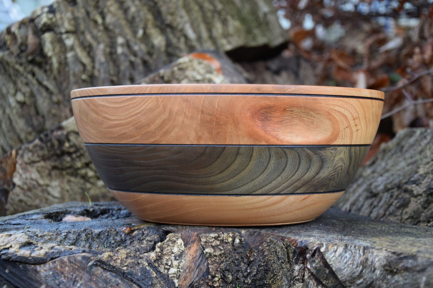Large Elm Wood Turned Charcoal Accent Bowl