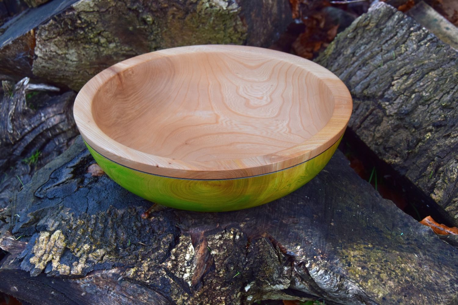 Irish Elm Large Sized Wooden Bowl with Lime Green Wall